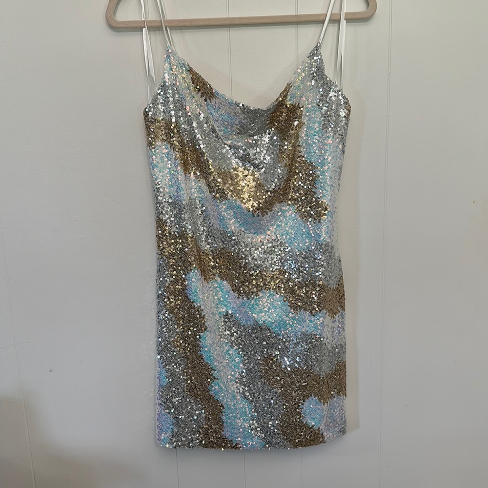Cowl neck mini dress with sequins, silver/gold